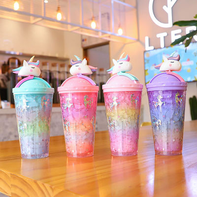 14OZ Современная двойная стена единорога Пластиковая чашка Изолированная бутылка с крышкой и соломой