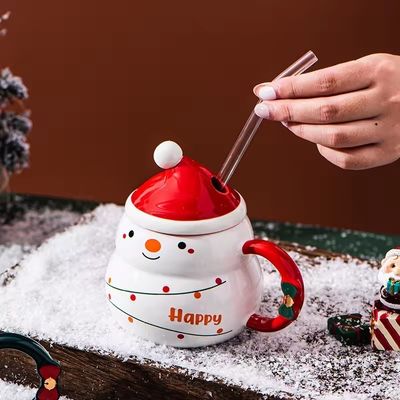 Керамический снежный человек кружка с крышкой и ложкой 16 OZ рождественский подарочный стакан для кофе чай и молоко