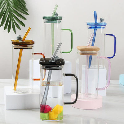 Morden Luxury Square Shape Children Glass Drinking Juice Milk Cup with Colored Handle Бамбуковый крышка Стеклянная солома