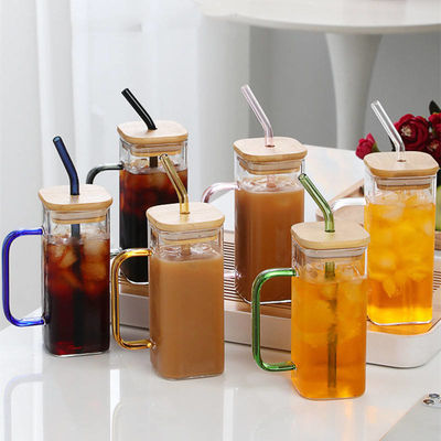 Morden Luxury Square Shape Children Glass Drinking Juice Milk Cup with Colored Handle Бамбуковый крышка Стеклянная солома