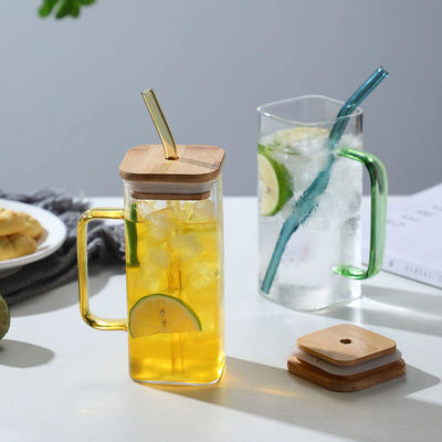 Morden Luxury Square Shape Children Glass Drinking Juice Milk Cup with Colored Handle Бамбуковый крышка Стеклянная солома