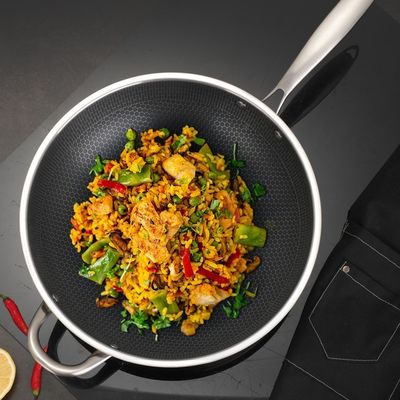 Устойчивый к ржавчине 304 нержавеющая сталь Wok с не липким покрытием и узором соломинки