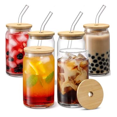 16OZ Стеклянные водонепроницаемые многоразовые кружки с крышкой и бамбуковыми соломинками 210 г для пользы клиента