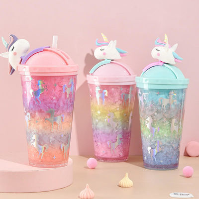 14OZ Современная двойная стена единорога Пластиковая чашка Изолированная бутылка с крышкой и соломой