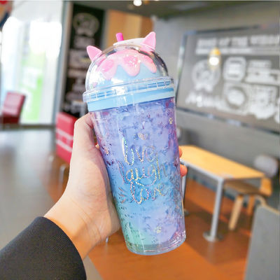 14OZ Современная двойная стена единорога Пластиковая чашка Изолированная бутылка с крышкой и соломой