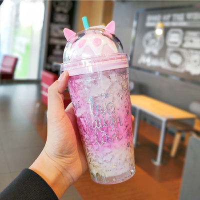 14OZ Современная двойная стена единорога Пластиковая чашка Изолированная бутылка с крышкой и соломой