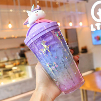 14OZ Современная двойная стена единорога Пластиковая чашка Изолированная бутылка с крышкой и соломой