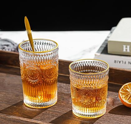 300ML/380ML Вместимость прямая солнцезащитная рельефная стеклянная чашка для питьевой воды в ретро стиле