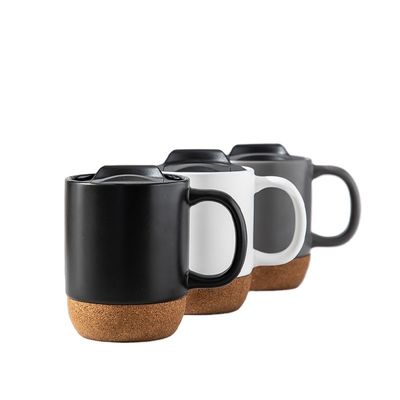 450ML Custom Logo Matte Black White Cork Base Ceramic Coffee Travel Mug с крышкой из полиэтилена