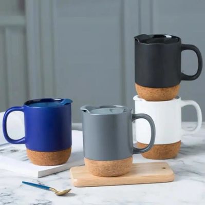 450ML Custom Logo Matte Black White Cork Base Ceramic Coffee Travel Mug с крышкой из полиэтилена