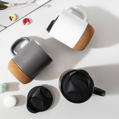 450ML Custom Logo Matte Black White Cork Base Ceramic Coffee Travel Mug с крышкой из полиэтилена
