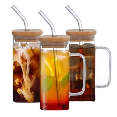 350мл квадратная пиво сода кофейная банка в форме стеклянного пинта Tumbler с бамбуковой крышкой соломинка Stock