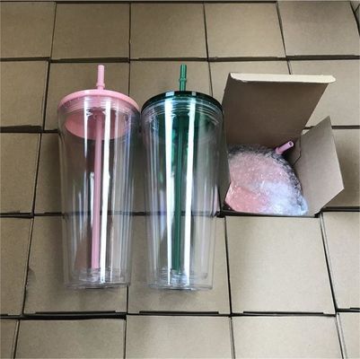 1 шт. Сделай самостоятельно 16oz 24oz двойная стена пластик акриловый прозрачный стакан с соломой и крышкой